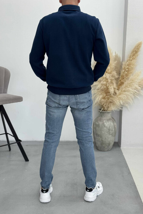 ONE COLOR POLO BUTTONED NECK MEN SWEATSHIRT NAVY BLUE/BLU MARINE - 3