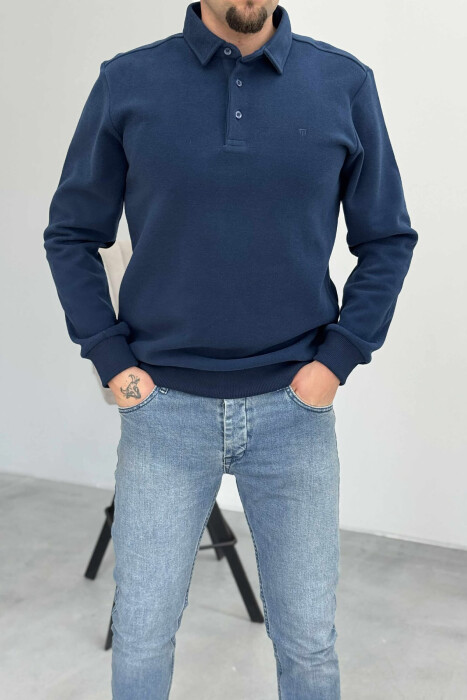 ONE COLOR POLO BUTTONED NECK MEN SWEATSHIRT NAVY BLUE/BLU MARINE - 4
