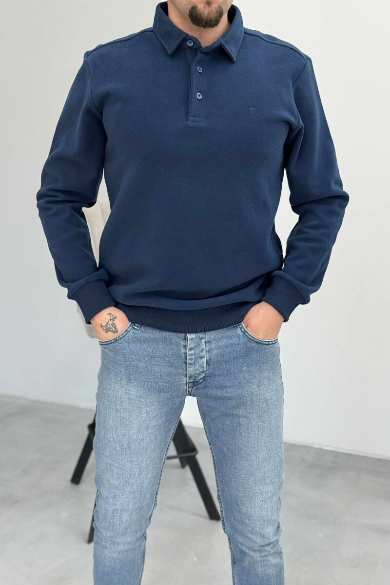 ONE COLOR POLO BUTTONED NECK MEN SWEATSHIRT NAVY BLUE/BLU MARINE - 4