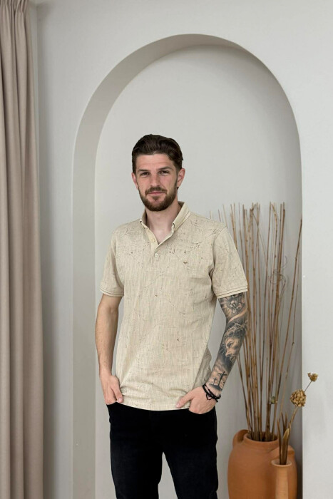 T-SHIRT ME JAKE POLO PER MESHKUJ NE NGJYRE BEZHE - KLAUDIO FASHION