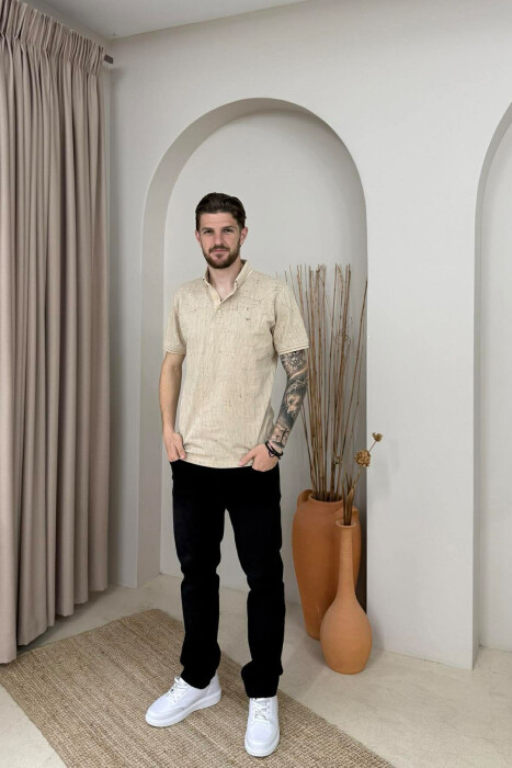 ONE COLOR POLO NECK MEN T-SHIRT BEIGE/BEZHE - 4