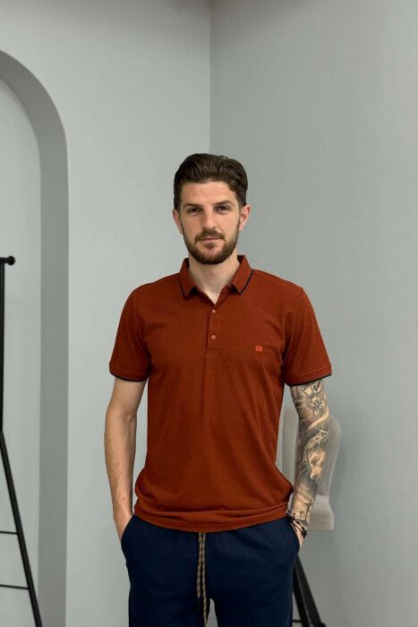 ONE COLOR POLO NECK MEN T-SHIRT BRICK/TULLE - KLAUDIO FASHION