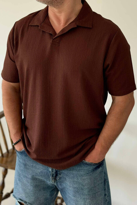 ONE COLOR POLO NECK MEN T-SHIRT BROWN/KAFE - 2