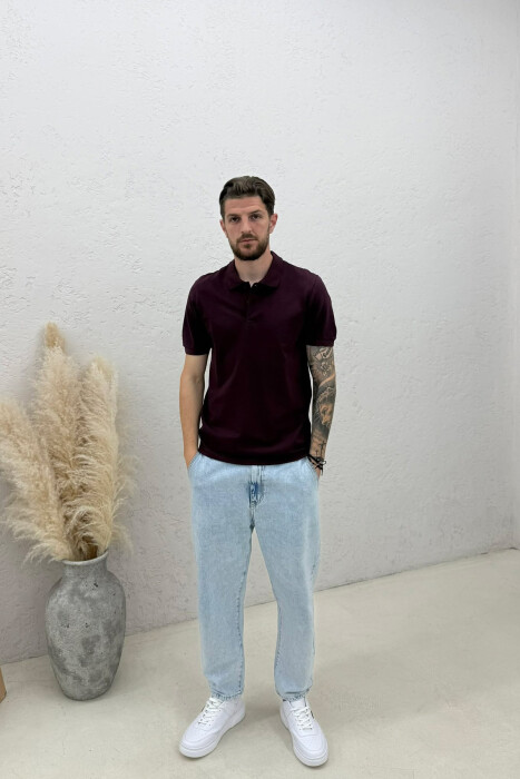 ONE COLOR POLO NECK MEN T-SHIRT BURGUNDY/VISHNJE - 3