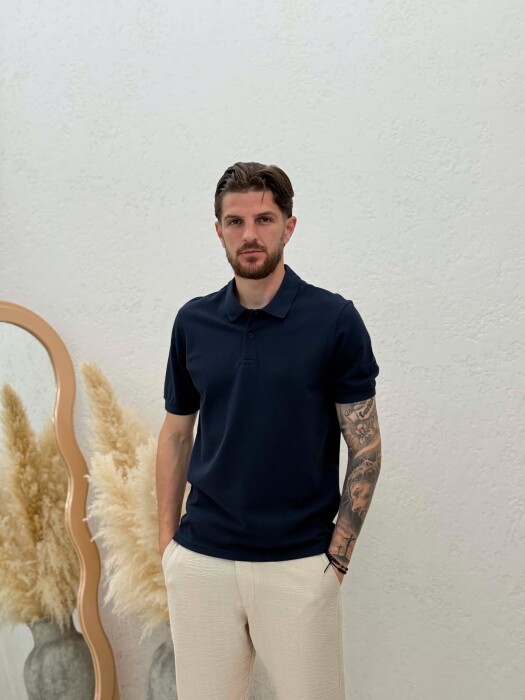 ONE COLOR POLO NECK MEN T-SHIRT DARK BLUE/BEE - 1