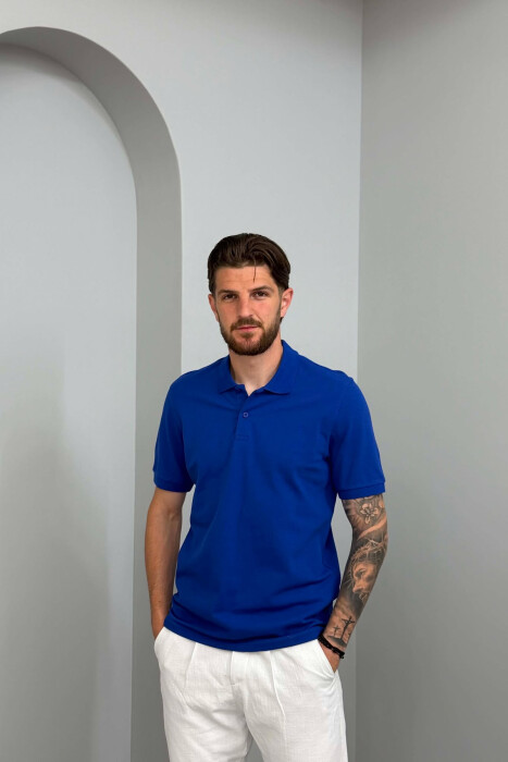 ONE COLOR POLO NECK MEN T-SHIRT ELECTRIC BLUE/BLEL 