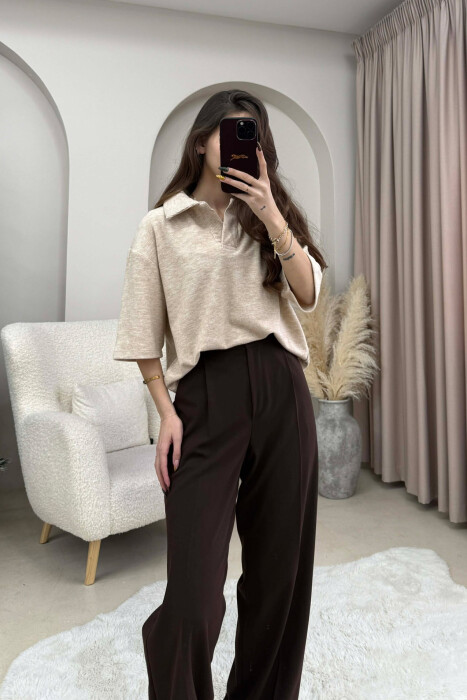 ONE COLOR POLO NECK SHORT SLEEVE WOMEN SWEATER BEIGE/BEZHE - 1