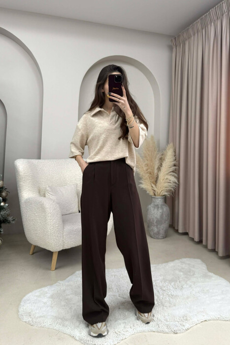 ONE COLOR POLO NECK SHORT SLEEVE WOMEN SWEATER BEIGE/BEZHE - 3