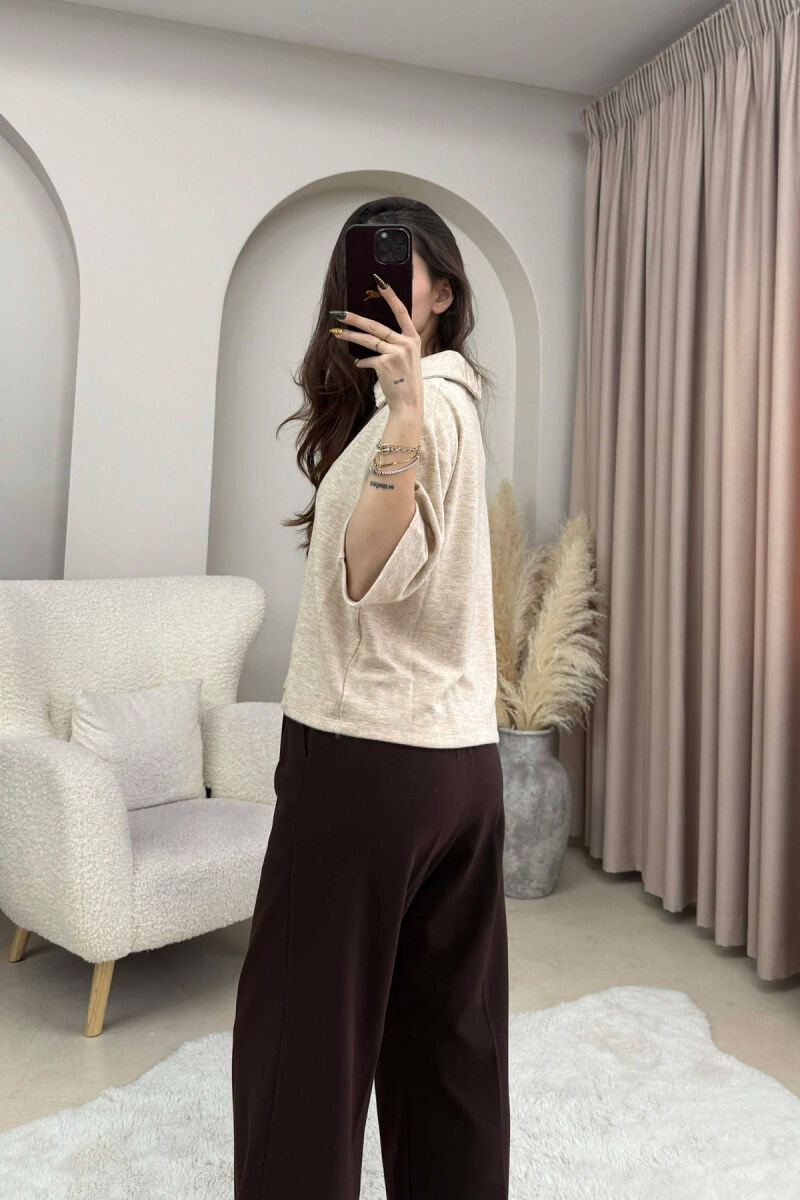 ONE COLOR POLO NECK SHORT SLEEVE WOMEN SWEATER BEIGE/BEZHE - 4