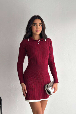 ONE COLOR POLO NECK SWEATER+SKIRT WOMEN SET BURGUNDY/VISHNJE 