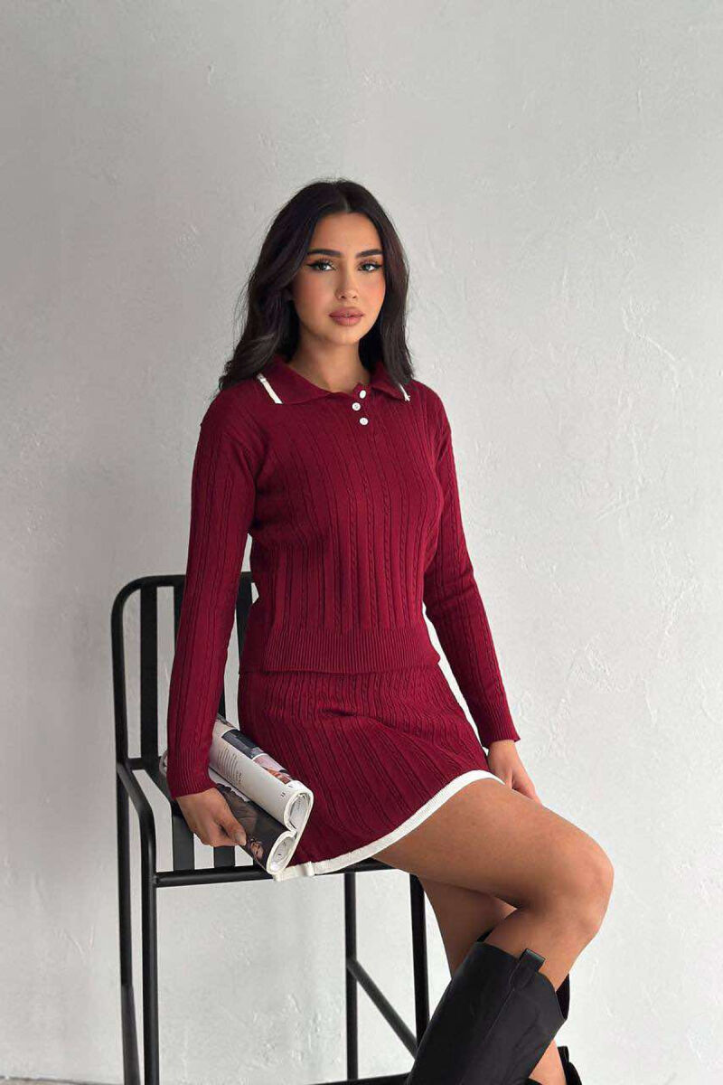 ONE COLOR POLO NECK SWEATER+SKIRT WOMEN SET BURGUNDY/VISHNJE - 2