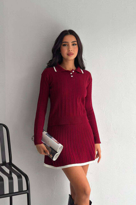 ONE COLOR POLO NECK SWEATER+SKIRT WOMEN SET BURGUNDY/VISHNJE - 7