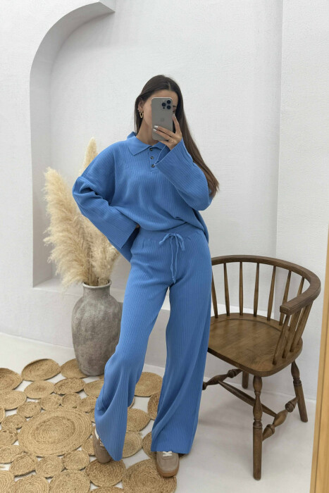 ONE COLOR POLO NECK SWEATER+TROUSERS KNIT WOMEN SET BLUE/BLU - 2