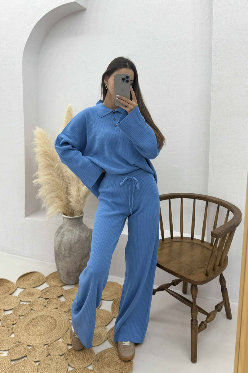 ONE COLOR POLO NECK SWEATER+TROUSERS KNIT WOMEN SET BLUE/BLU - 2