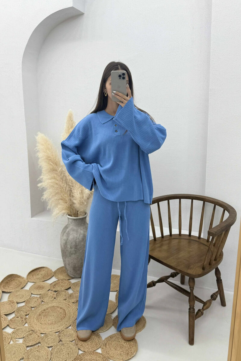 ONE COLOR POLO NECK SWEATER+TROUSERS KNIT WOMEN SET BLUE/BLU - 1