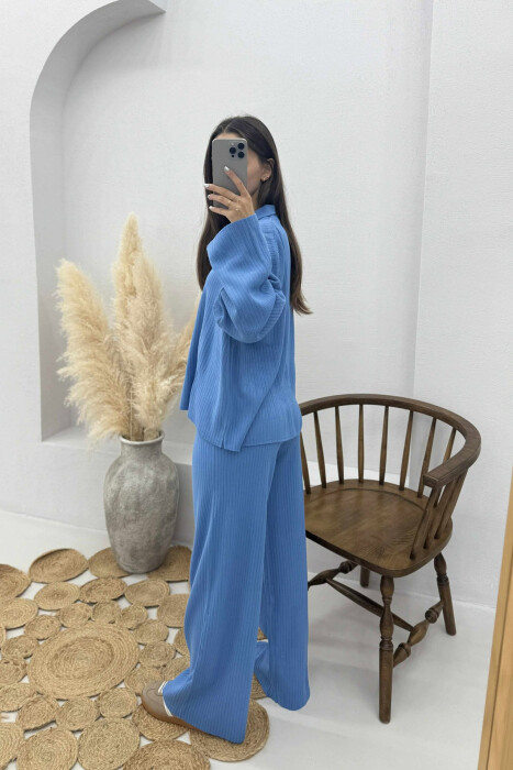 ONE COLOR POLO NECK SWEATER+TROUSERS KNIT WOMEN SET BLUE/BLU - 4