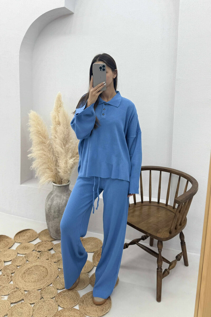 ONE COLOR POLO NECK SWEATER+TROUSERS KNIT WOMEN SET BLUE/BLU - 3