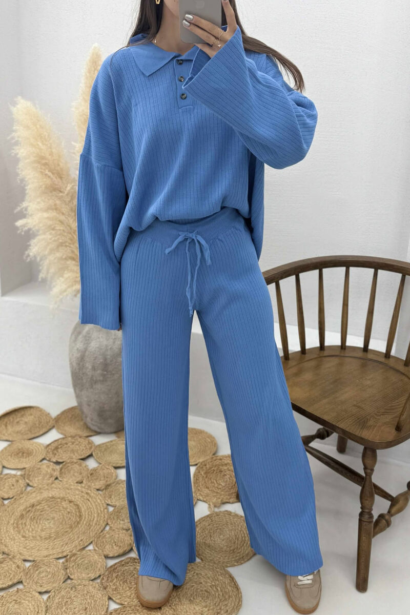 ONE COLOR POLO NECK SWEATER+TROUSERS KNIT WOMEN SET BLUE/BLU - 5