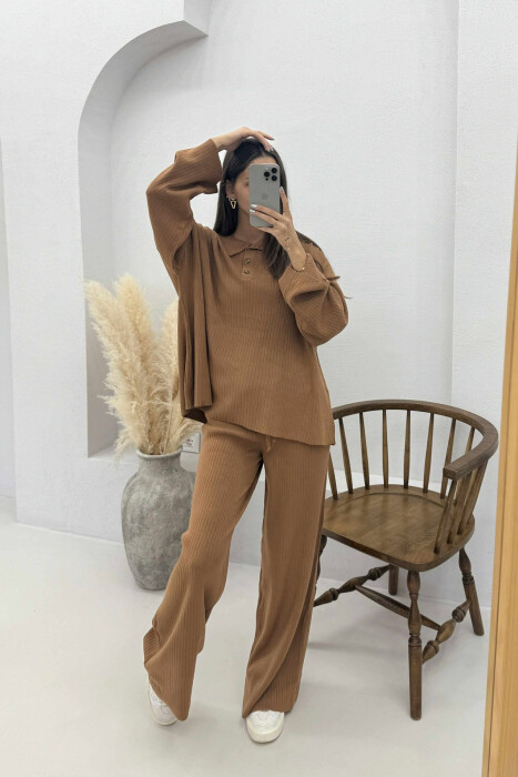 ONE COLOR POLO NECK SWEATER+TROUSERS KNIT WOMEN SET BROWN/KAFE - 2