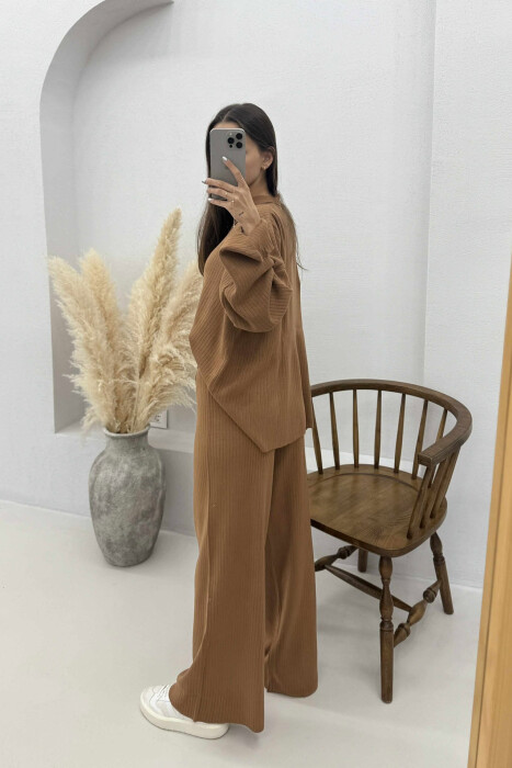 ONE COLOR POLO NECK SWEATER+TROUSERS KNIT WOMEN SET BROWN/KAFE - 3