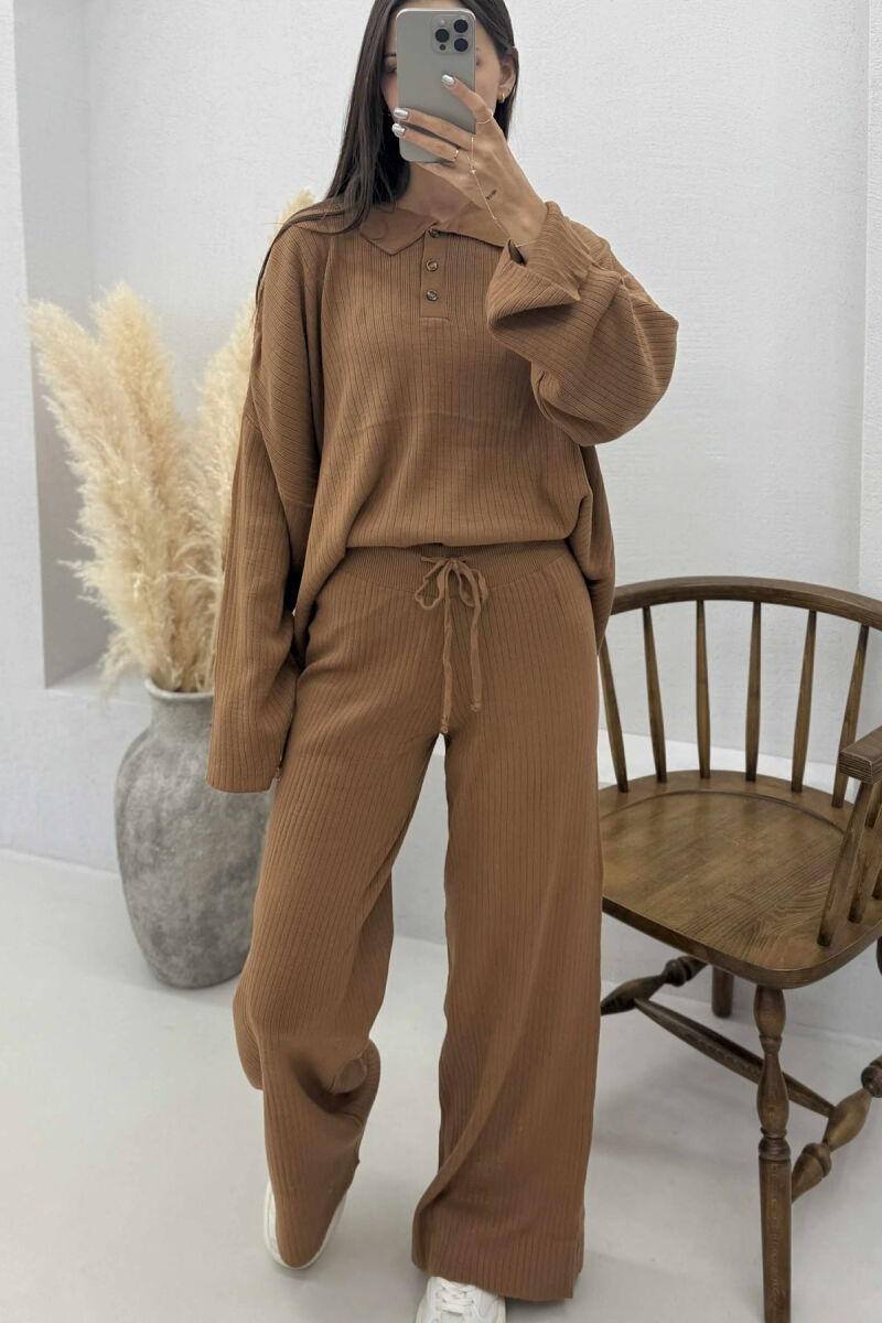 ONE COLOR POLO NECK SWEATER+TROUSERS KNIT WOMEN SET BROWN/KAFE - 4