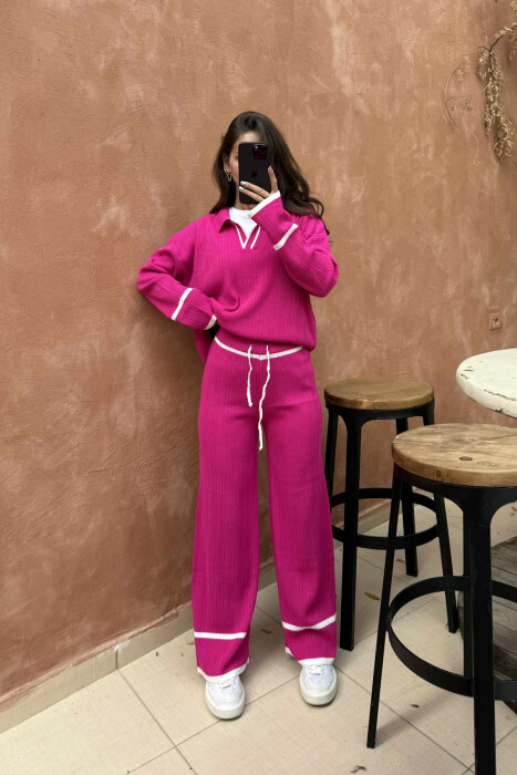 ONE COLOR POLO NECK SWEATER+TROUSERS KNIT WOMEN SET FUCHSIA/CIKLAMI 