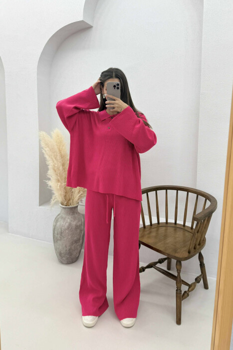 ONE COLOR POLO NECK SWEATER+TROUSERS KNIT WOMEN SET FUCHSIA/CIKLAMI - 2