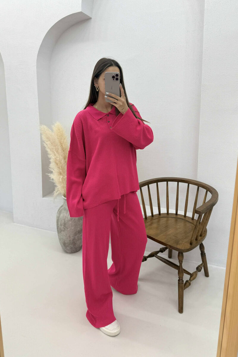 ONE COLOR POLO NECK SWEATER+TROUSERS KNIT WOMEN SET FUCHSIA/CIKLAMI - 1
