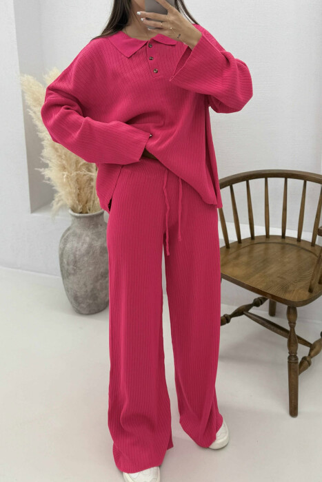 ONE COLOR POLO NECK SWEATER+TROUSERS KNIT WOMEN SET FUCHSIA/CIKLAMI - 4