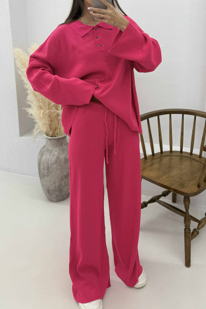 ONE COLOR POLO NECK SWEATER+TROUSERS KNIT WOMEN SET FUCHSIA/CIKLAMI - 4
