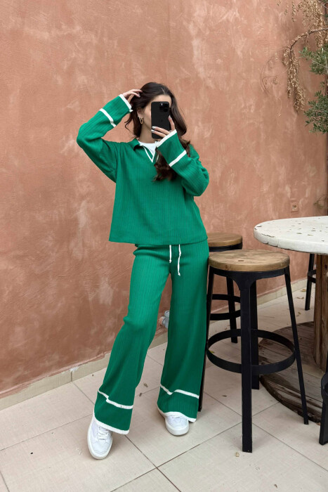 ONE COLOR POLO NECK SWEATER+TROUSERS KNIT WOMEN SET GREEN/JESHILE - 2