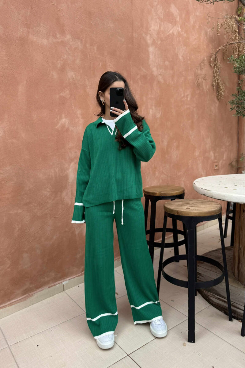 ONE COLOR POLO NECK SWEATER+TROUSERS KNIT WOMEN SET GREEN/JESHILE - 1