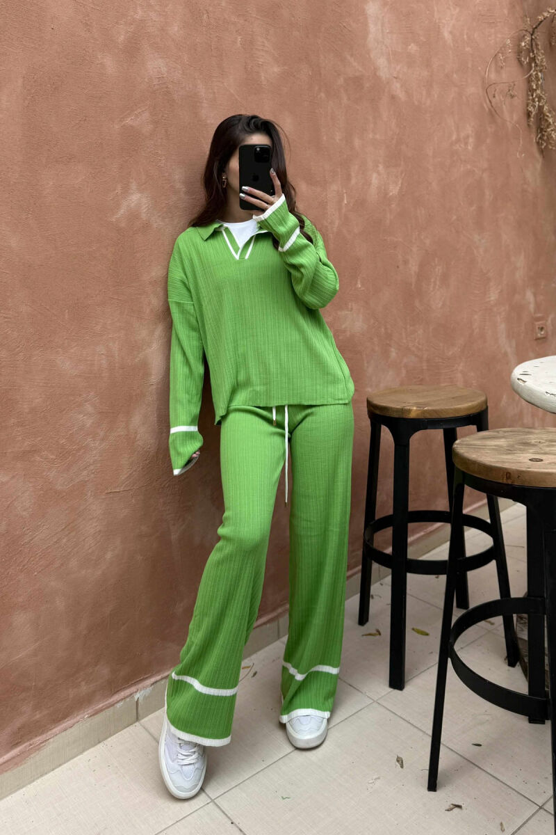 ONE COLOR POLO NECK SWEATER+TROUSERS KNIT WOMEN SET LIGHT GREEN/JEZB - 2