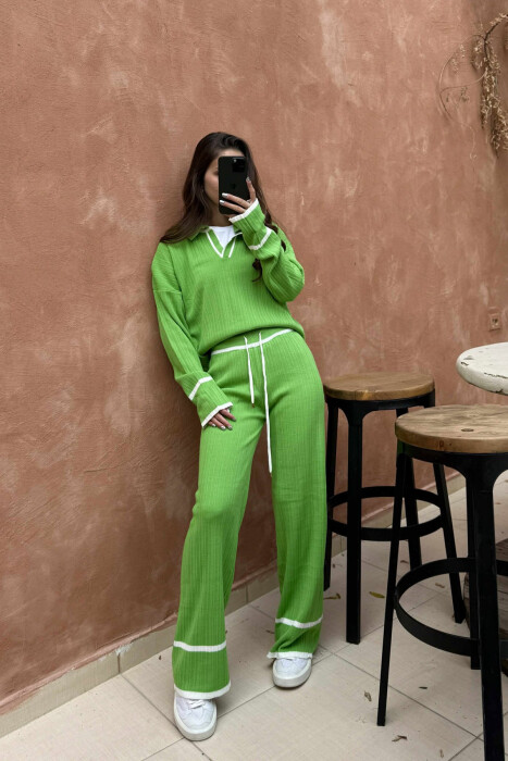 ONE COLOR POLO NECK SWEATER+TROUSERS KNIT WOMEN SET LIGHT GREEN/JEZB - 1