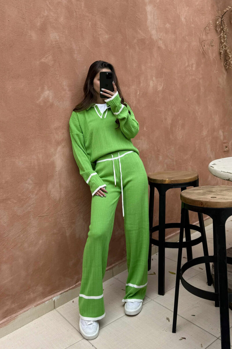 ONE COLOR POLO NECK SWEATER+TROUSERS KNIT WOMEN SET LIGHT GREEN/JEZB - 1