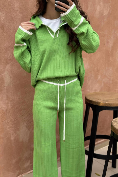 ONE COLOR POLO NECK SWEATER+TROUSERS KNIT WOMEN SET LIGHT GREEN/JEZB - 3