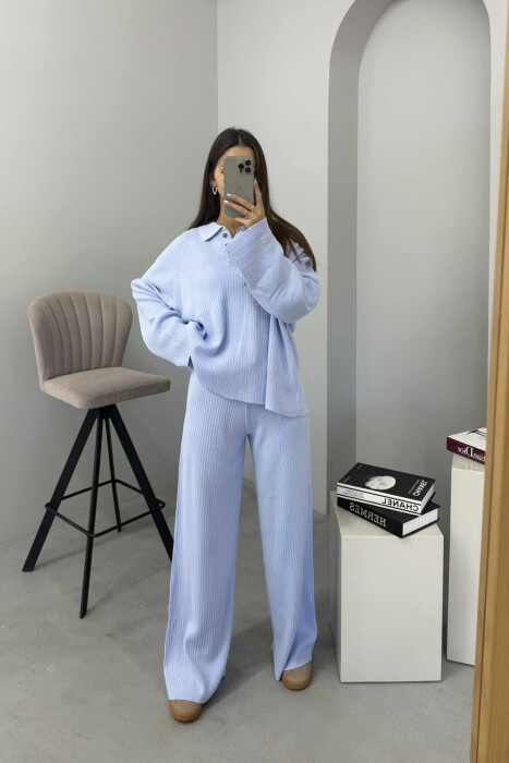 ONE COLOR POLO NECK SWEATER+TROUSERS KNIT WOMEN SET LIGHTBLUE/BZ - 1
