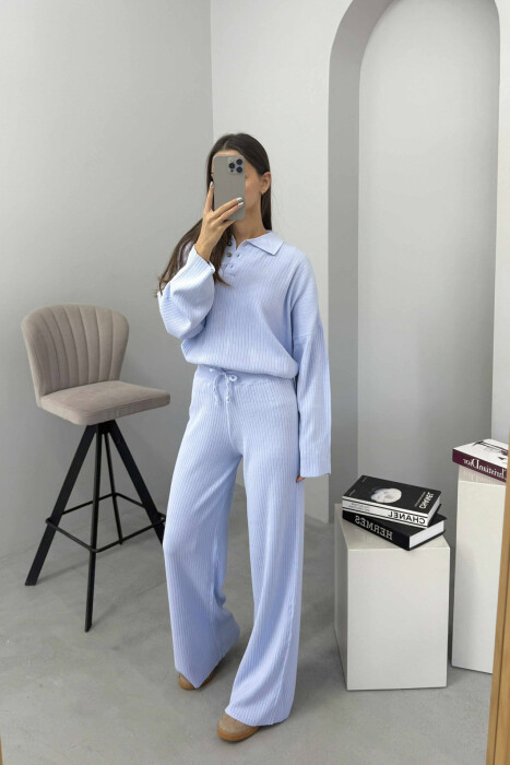 ONE COLOR POLO NECK SWEATER+TROUSERS KNIT WOMEN SET LIGHTBLUE/BZ - 2