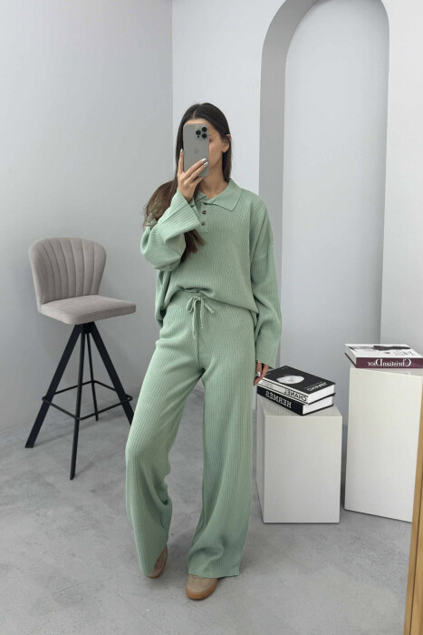 ONE COLOR POLO NECK SWEATER+TROUSERS KNIT WOMEN SET MINT/MENTE - 2