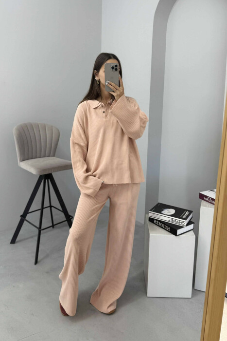 ONE COLOR POLO NECK SWEATER+TROUSERS KNIT WOMEN SET POWDER/PUDER - 1