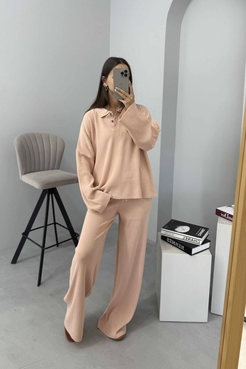 ONE COLOR POLO NECK SWEATER+TROUSERS KNIT WOMEN SET POWDER/PUDER - 1