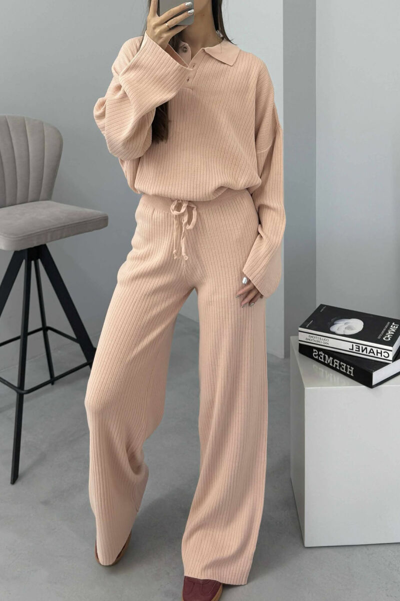 ONE COLOR POLO NECK SWEATER+TROUSERS KNIT WOMEN SET POWDER/PUDER - 4