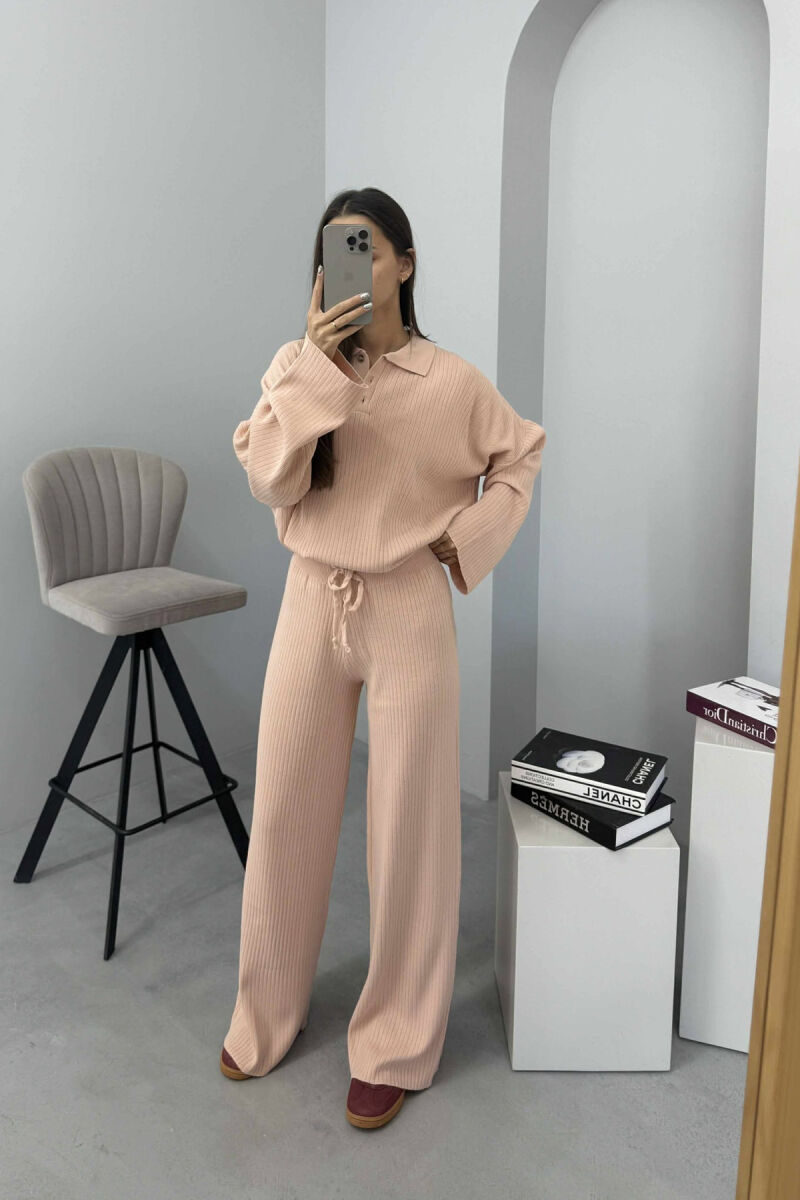 ONE COLOR POLO NECK SWEATER+TROUSERS KNIT WOMEN SET POWDER/PUDER - 2