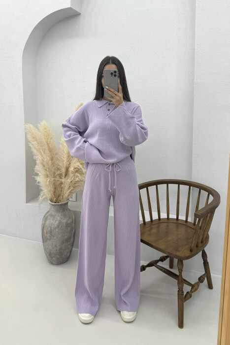 ONE COLOR POLO NECK SWEATER+TROUSERS KNIT WOMEN SET PURPLE/LEJLA - 2