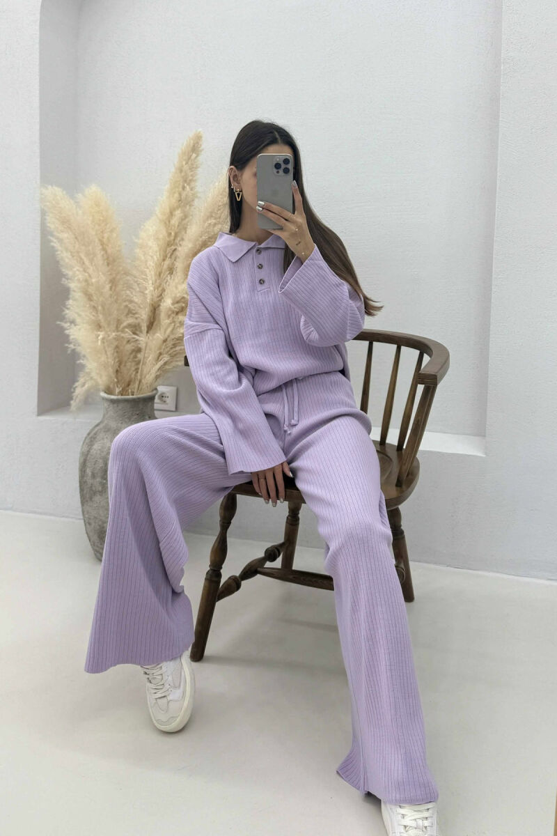 ONE COLOR POLO NECK SWEATER+TROUSERS KNIT WOMEN SET PURPLE/LEJLA - 1