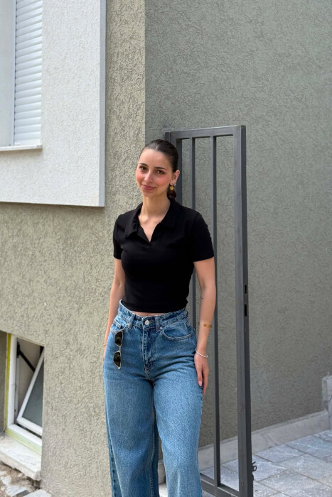 ONE COLOR POLO NECK WOMAN T-SHIRT BLACK/ E ZEZE - 