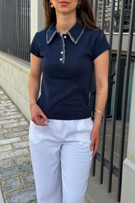ONE COLOR POLO NECK WOMAN T-SHIRT BLUE/BLU - 3
