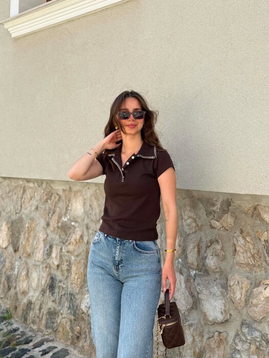 ONE COLOR POLO NECK WOMAN T-SHIRT BROWN/KAFE - KLAUDIO FASHION