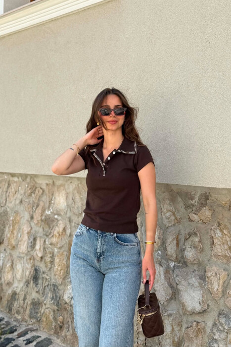 ONE COLOR POLO NECK WOMAN T-SHIRT BROWN/KAFE - KLAUDIO FASHION