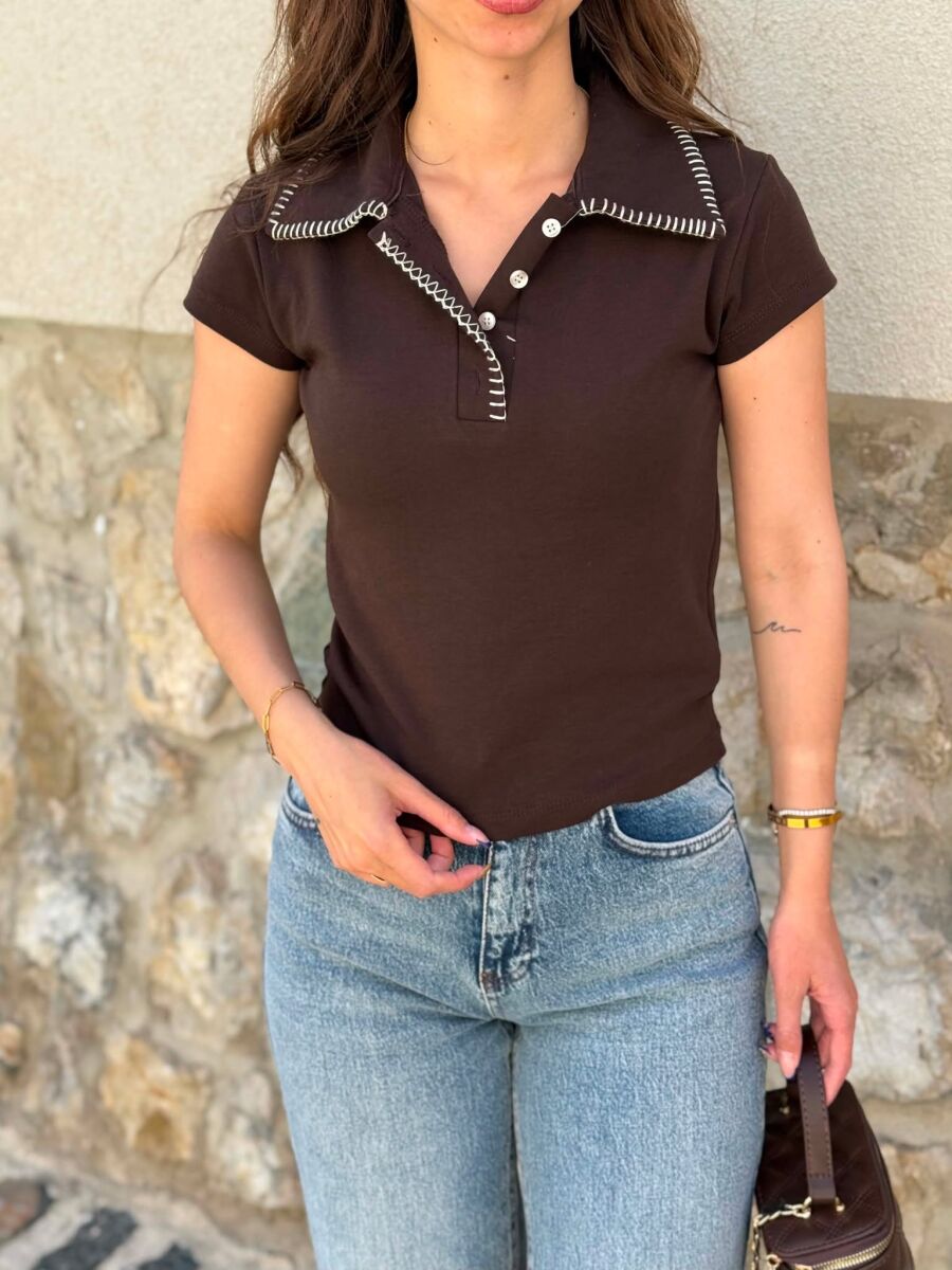 ONE COLOR POLO NECK WOMAN T-SHIRT BROWN/KAFE - 3